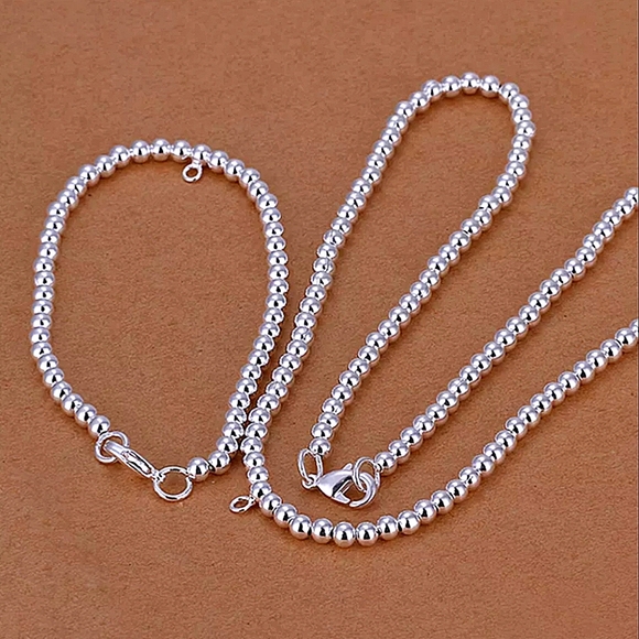 Stampd Jewelry - Beaded Ball Sterling Silver Necklace Matching Bracelet Set 4mm